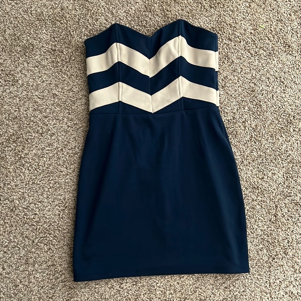 Luca couture blue and tan mini dress